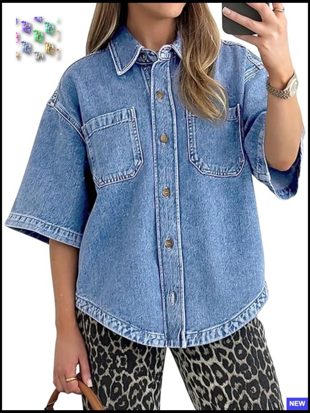 Button Down Denim Shirt Oversized Jean Top Shacket Casual Blouse